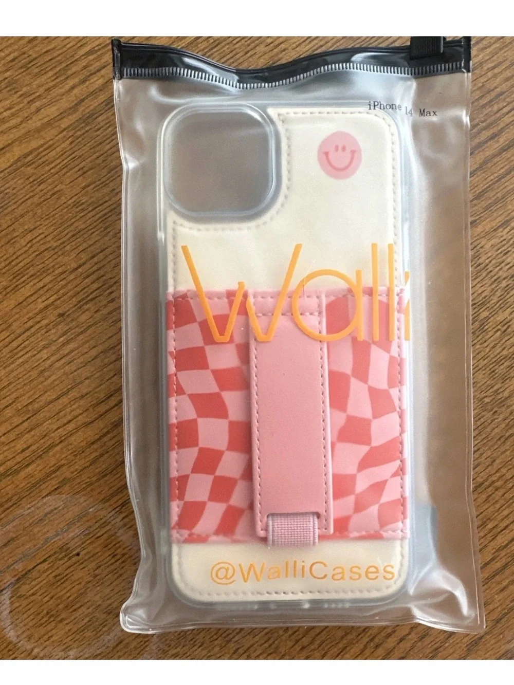 Walli iPhone 14 Plus White & Pink Checker Phone Case with Card Pocket and Strap